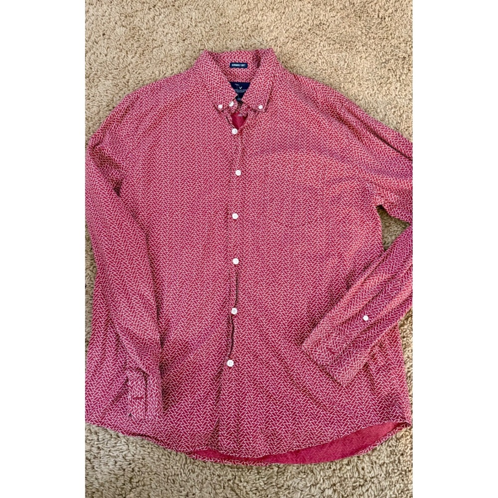 American Eagle Seriously Soft Mens Red White Geometric Button Down Shirt Large